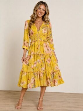 NWT Shero Yellow Floral Smocked Tiered Midi Dress Boho Cottagecore M